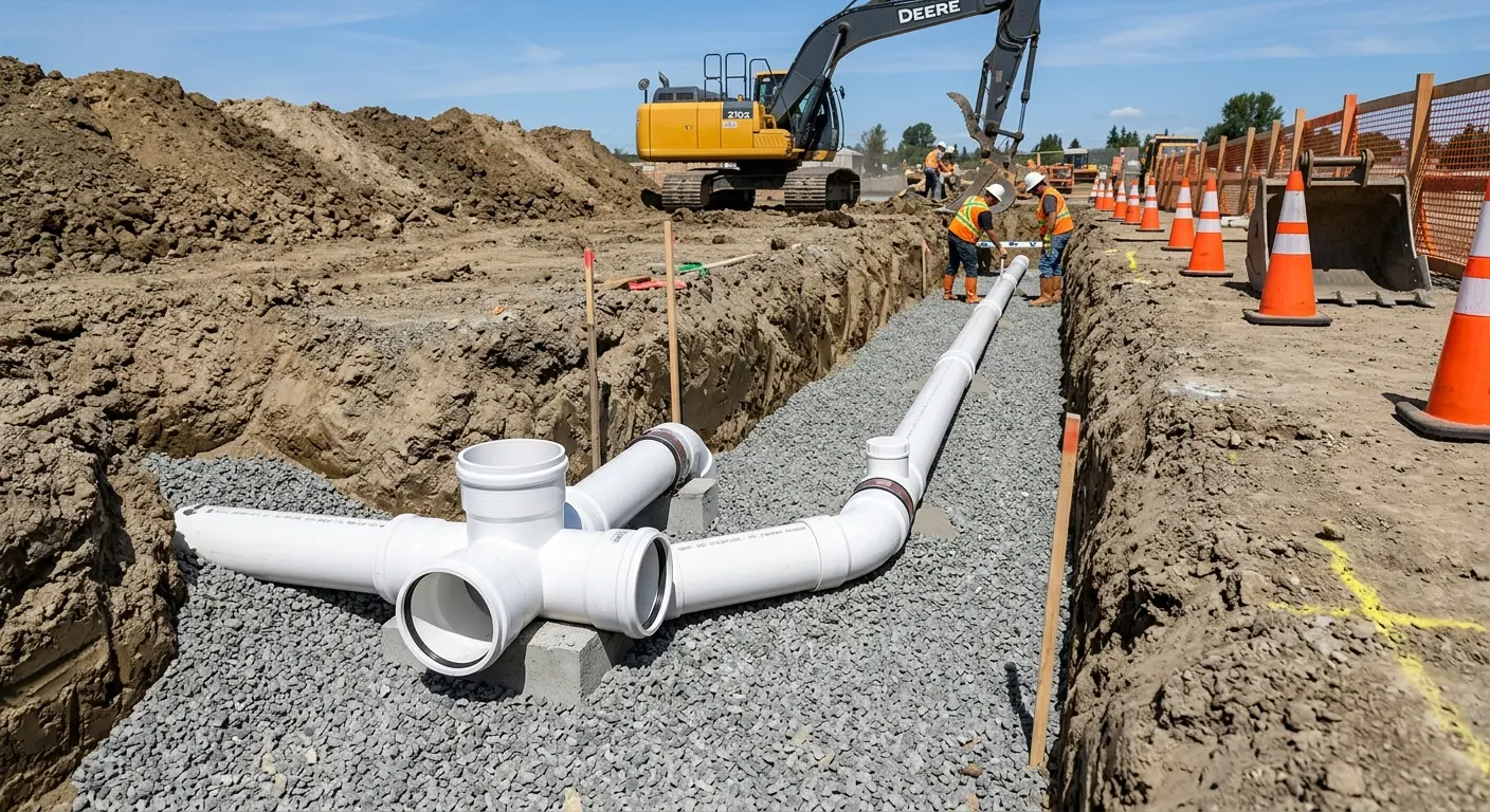 New PVC sewer pipe installation in open trench for Sewer Backup in Egypt Lake-Leto