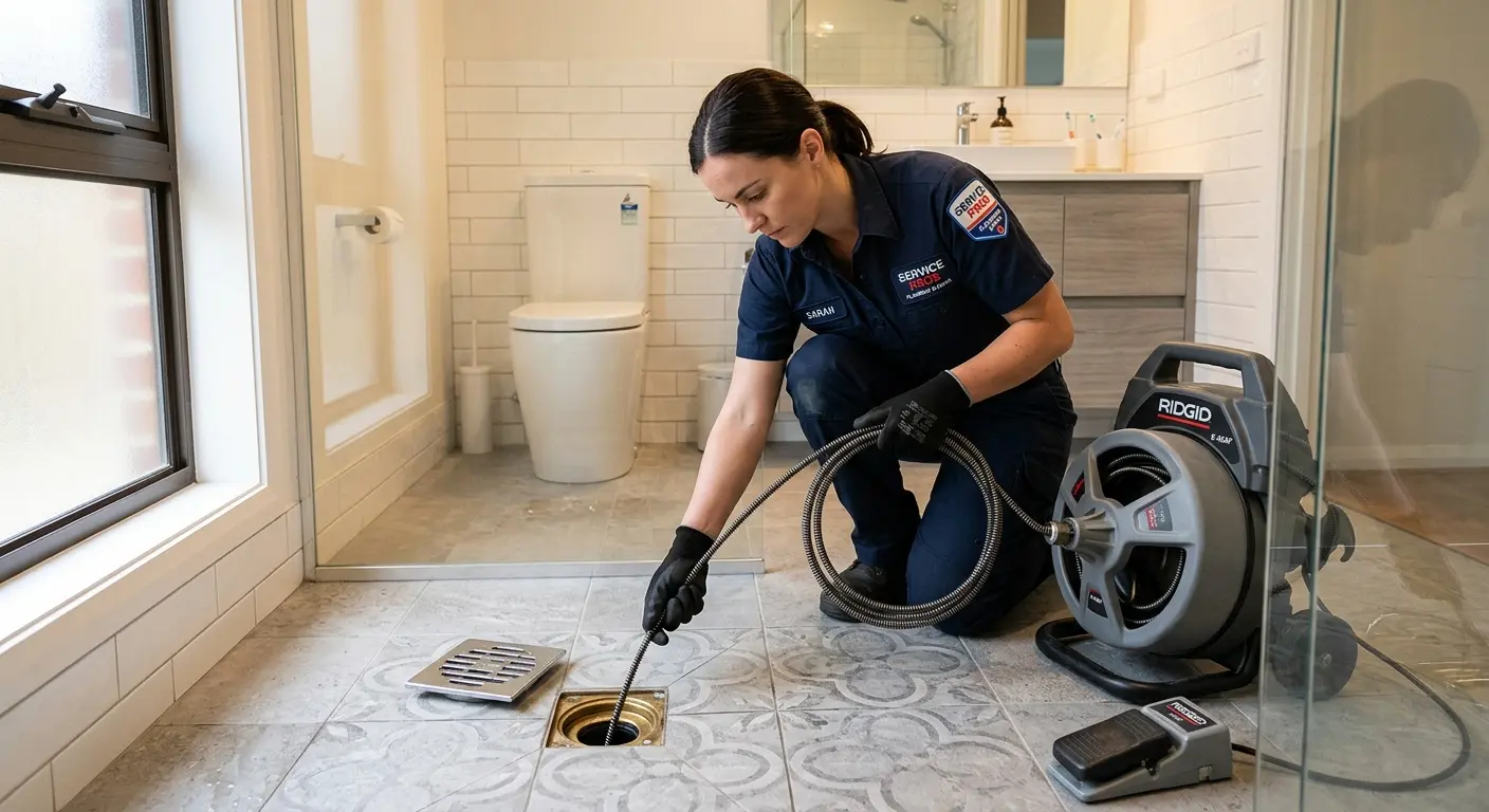 Technician clearing a bathroom floor drain for Drain Cleaning in Egypt Lake-Leto